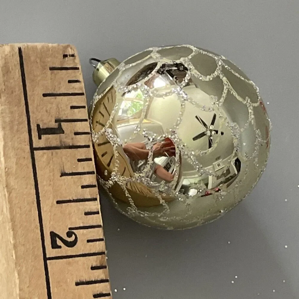 Vintage Hand Painted Blown Glass Christmas Ornament Gold With Scalloped Glitter